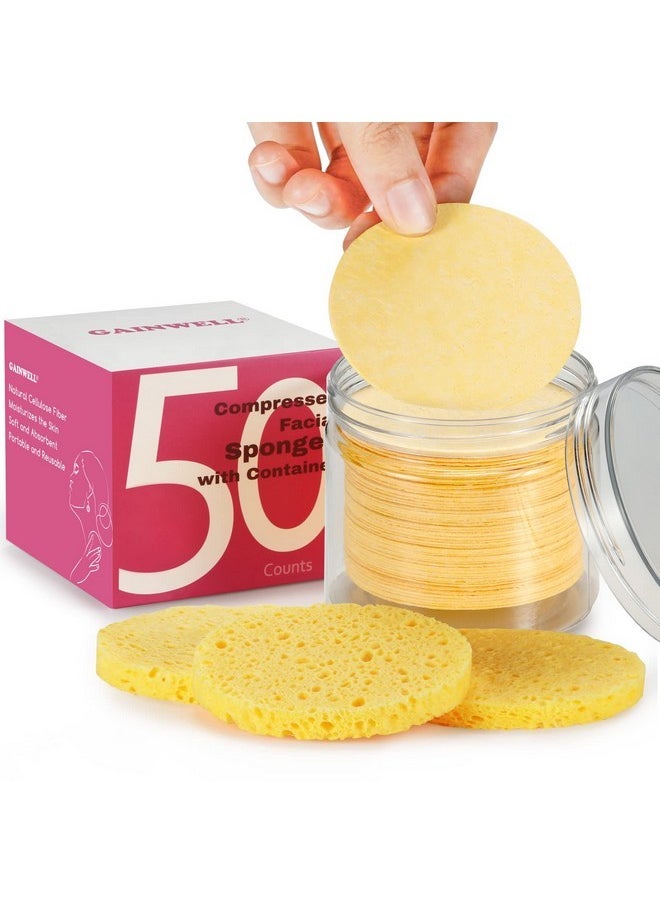 50-Count Compressed Facial Sponges With Storage Container, For Facial Cleansing, Reusable Makeup Remover, Portable, Suitable For Travel, Yellow