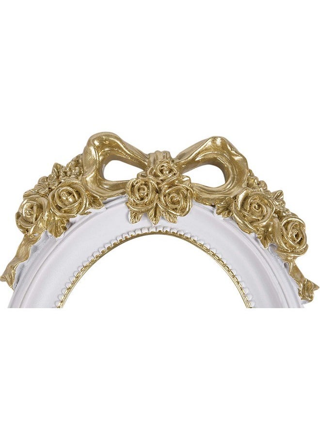 Handheld Mirror Vanity Makeup Mirror Travel Princess Metal Cosmetic Mirror Portable Oval Embossed Rose Mirrors Decorative Desk Girl Student Vintage Beautiful Handle Mirrors White-4