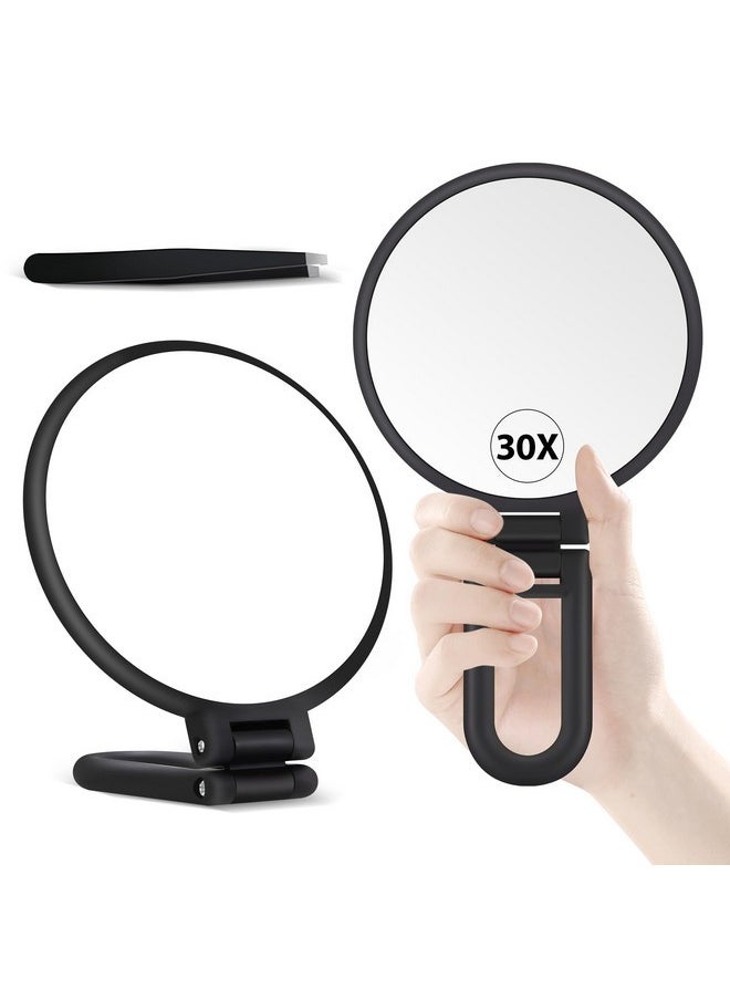 30X Magnifying Mirror, Hand Mirror With Handle, Double Sided Hand Mirror With 30X/1X Magnification, Essential Travel Mirror, Portable Foldable Makeup Mirror For Precision Makeup Black