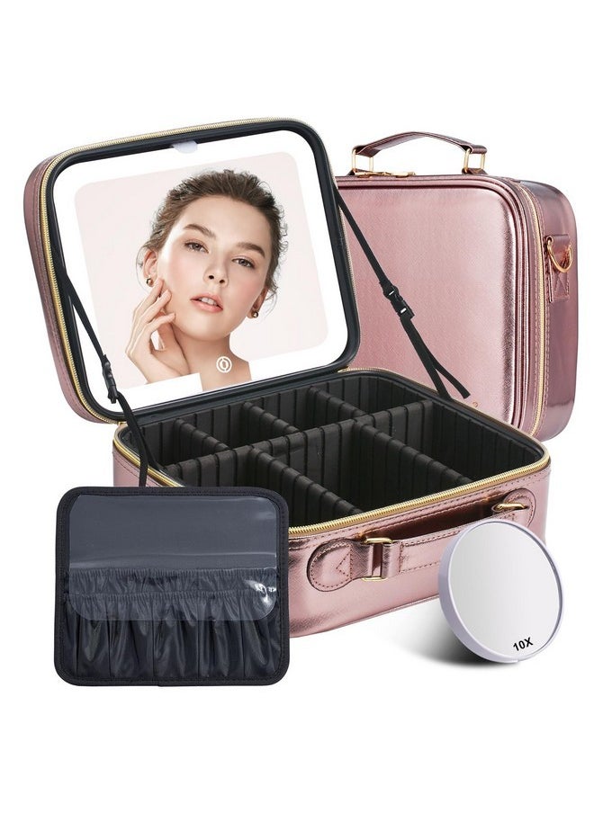 Travel Makeup Bag With Led Lighted Mirror, Travel Makeup Organizer, Makeup Case With 3 Color Lighted Setting And 10X Magnifying Mirror, Portable Storage And Adjustable Dividers (Champagne)