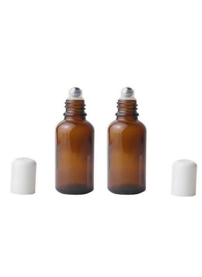 3Pcs Empty Refillable Amber Glass Roll-On Roller Bottles With Stainless Steel Roller Balls And White Cap For Essential Oil Perfumes Lip Balms Attar Travel Container Size 30Ml