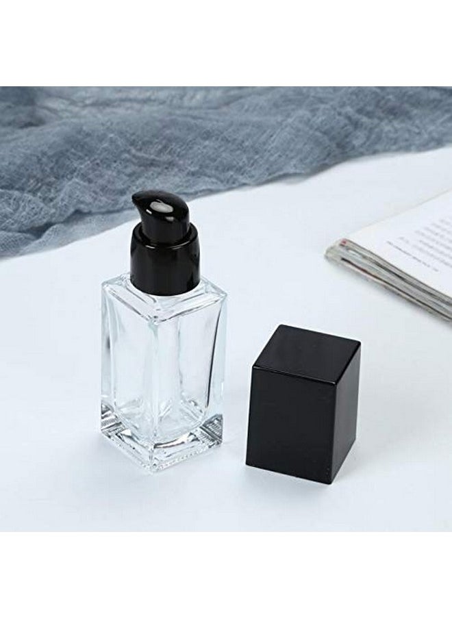 2Pcs 30Ml/1Oz Empty Clear Square Glass Emulsion Essence Bottle With Black Pump Head Cosmetic Foundation Travel Vials Containers Holder For Lotion Cleanser Essential Oils Liquids Body Cream