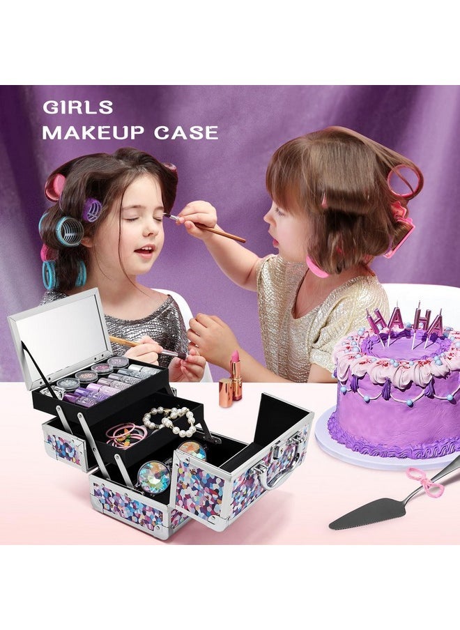 Makeup Box Cosmetic Train Case Jewelry Organizer Lockable With Keys And Mirror 2-Tier Tray Portable Carrying With Handle Travel Storage (Spotted Purple)