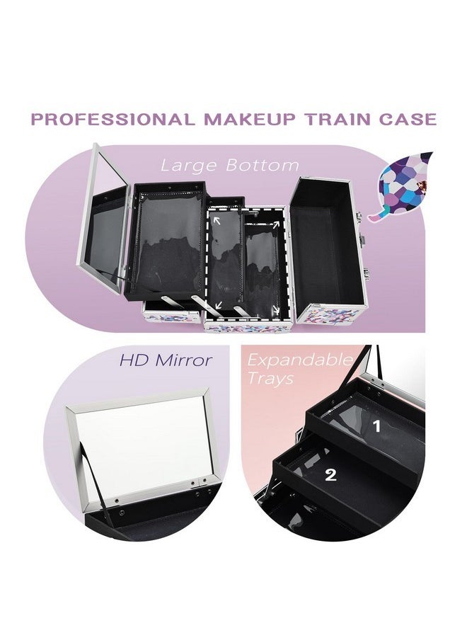 Makeup Box Cosmetic Train Case Jewelry Organizer Lockable With Keys And Mirror 2-Tier Tray Portable Carrying With Handle Travel Storage (Spotted Purple)