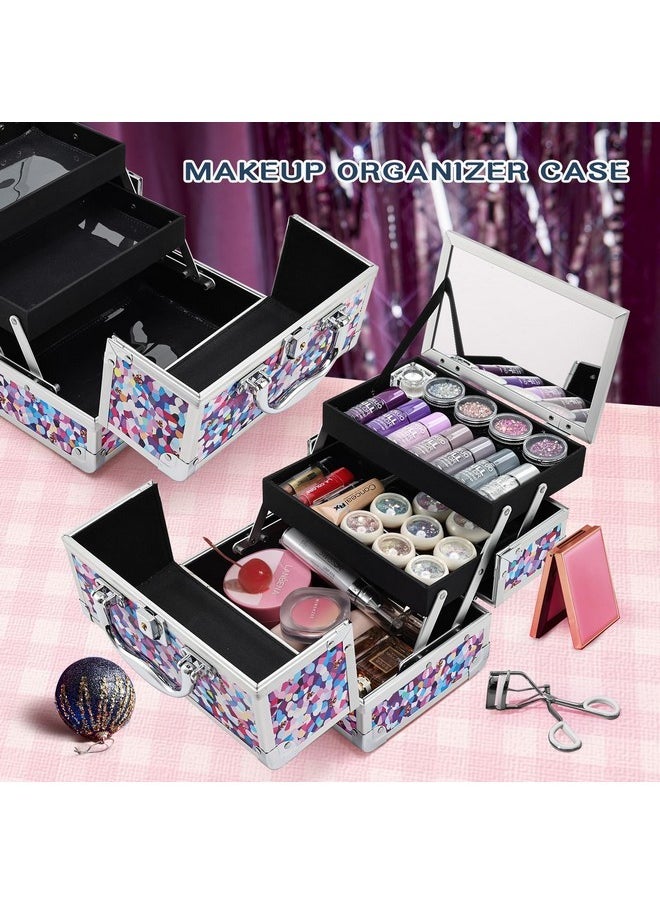 Makeup Box Cosmetic Train Case Jewelry Organizer Lockable With Keys And Mirror 2-Tier Tray Portable Carrying With Handle Travel Storage (Spotted Purple)