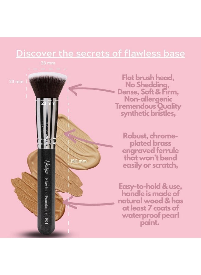 Flawless Flat Foundation Brush For Powder, Cream & Liquid Makeup - Flat Top Foundation Brush For Smooth Application, Blending & Buffing - Dense, Firm Bristles - Vegan & Cruelty-Free - Black