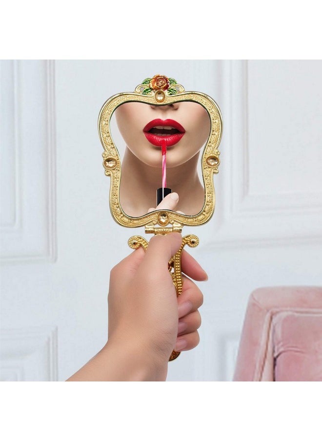 Vintage Gold Mirror, Metal Antique Hand Mirror Comb Set Handheld Folding Antique Mirror For Travel Embossed Rose Small Vanity Mirror Hand Mirror With Handle Gift For Women (Gold)