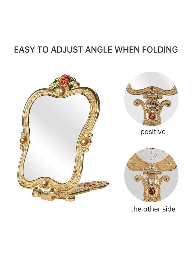 Vintage Gold Mirror, Metal Antique Hand Mirror Comb Set Handheld Folding Antique Mirror For Travel Embossed Rose Small Vanity Mirror Hand Mirror With Handle Gift For Women (Gold)