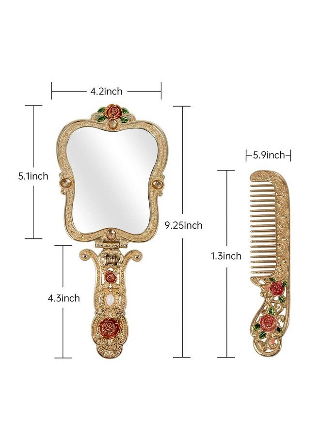 Vintage Gold Mirror, Metal Antique Hand Mirror Comb Set Handheld Folding Antique Mirror For Travel Embossed Rose Small Vanity Mirror Hand Mirror With Handle Gift For Women (Gold)