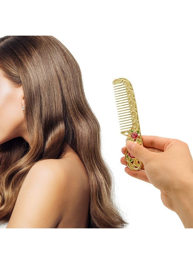 Vintage Gold Mirror, Metal Antique Hand Mirror Comb Set Handheld Folding Antique Mirror For Travel Embossed Rose Small Vanity Mirror Hand Mirror With Handle Gift For Women (Gold)