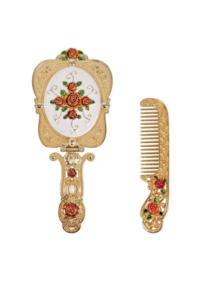 Vintage Gold Mirror, Metal Antique Hand Mirror Comb Set Handheld Folding Antique Mirror For Travel Embossed Rose Small Vanity Mirror Hand Mirror With Handle Gift For Women (Gold)