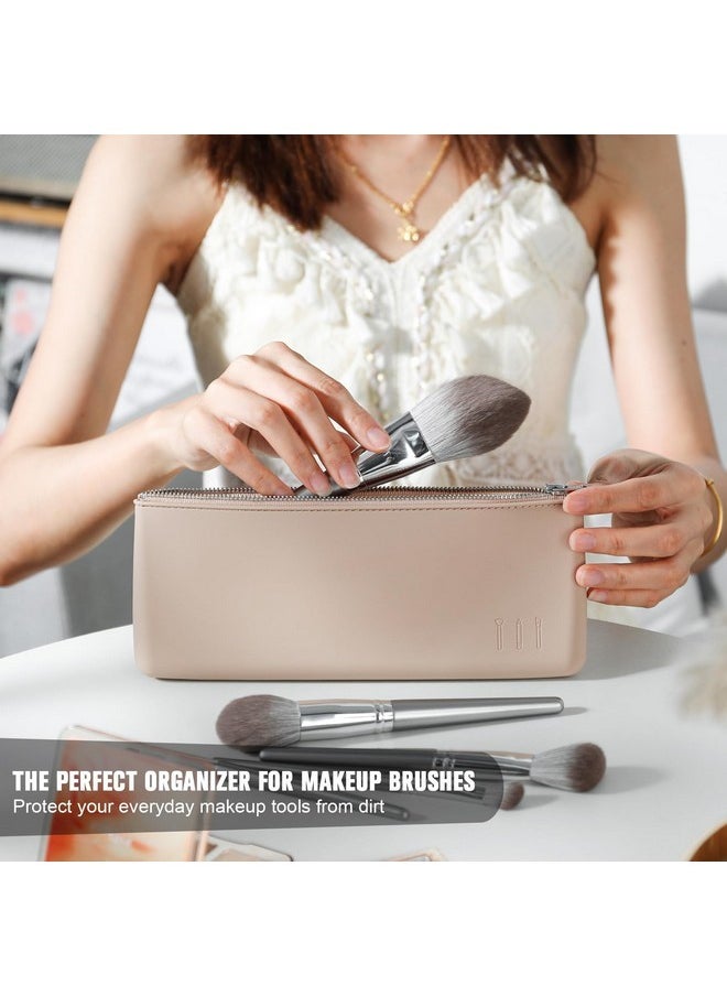 Silicone Makeup Brush Bag - Elegant Cosmetic Brushes Pouch Bag With Ykk Zipper, Travel Makeup Tools Organizer Bag -Khaki