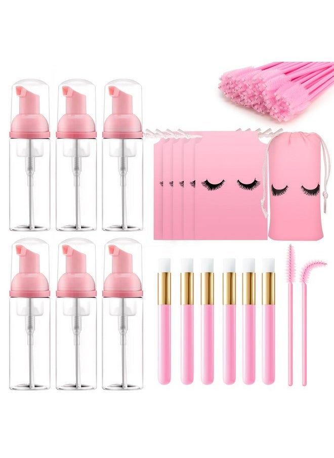 Lash Shampoo Bottles Brushes Set 68 Pcs For Lash Cleaning - 60Ml Foam Pump Bottle 6 Pcs, 6 Lash Shampoo Brushes, 6 Lash Aftercare Bags, 50 Lash Brushes For Women Home Use Salon Clients: Pink