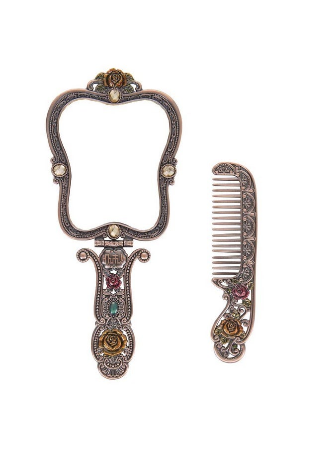 Antique Mirror Comb Set Vintage Metal Handheld Makeup Mirror With A Comb Russian Style Embossed Rose Hand Mirror Travel Portable Foldable Mirror Decorative Tabletop Stand Mirror Copper