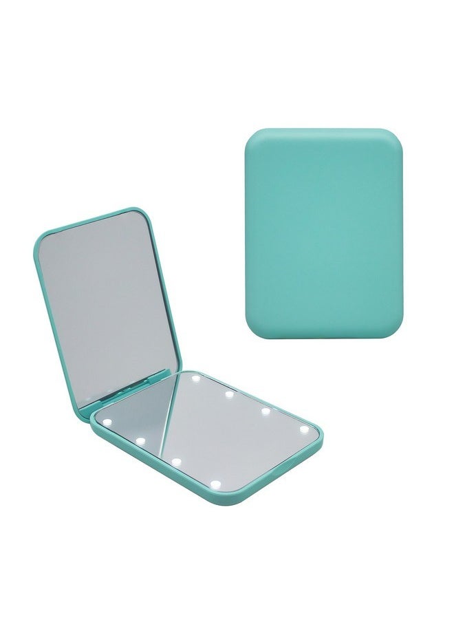 Portable Led Compact Travel Pocket Small Mirror With Light- 2-Sided 1X/3X Magnification, Folding Design, Handheld Mini Light-Up Mirror For Purse In Green.