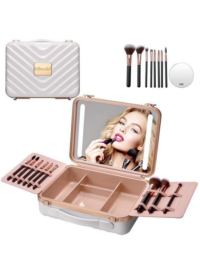 Travel Makeup Case With Lighted Mirror, Makeup Box With 8 Makeup Brushes And 10X Magnifying Mirror,Cosmetic Case Adjustable Brightness Makeup Train Case With Makeup Brushes Divider(White)