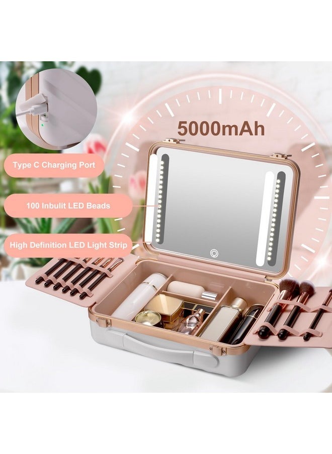 Travel Makeup Case With Lighted Mirror, Makeup Box With 8 Makeup Brushes And 10X Magnifying Mirror,Cosmetic Case Adjustable Brightness Makeup Train Case With Makeup Brushes Divider(White)