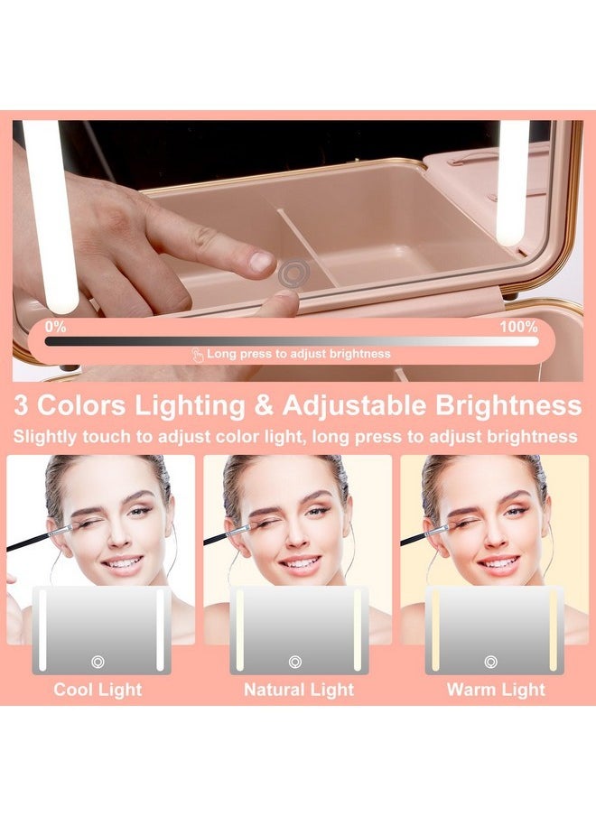 Travel Makeup Case With Lighted Mirror, Makeup Box With 8 Makeup Brushes And 10X Magnifying Mirror,Cosmetic Case Adjustable Brightness Makeup Train Case With Makeup Brushes Divider(White)