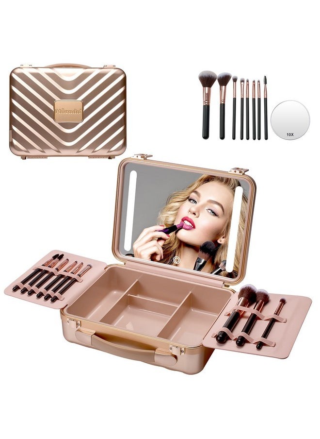 Travel Makeup Case With Lighted Mirror, Makeup Box With 8 Makeup Brushes And 10X Magnifying Mirror, Adjustable Brightness Makeup Train Case With Makeup Brushes Divider(Rose Gold)