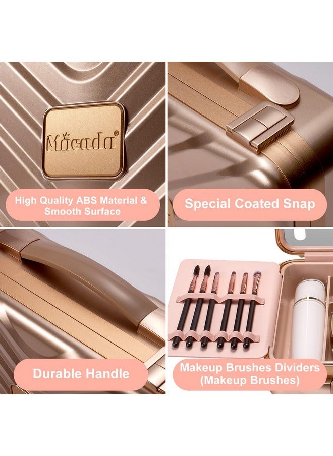Travel Makeup Case With Lighted Mirror, Makeup Box With 8 Makeup Brushes And 10X Magnifying Mirror, Adjustable Brightness Makeup Train Case With Makeup Brushes Divider(Rose Gold)