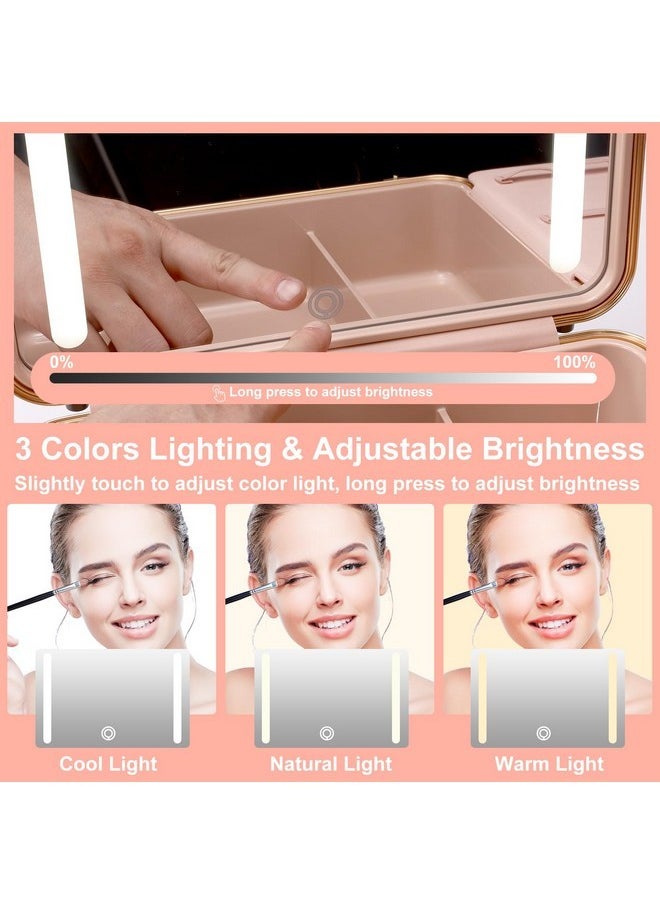 Travel Makeup Case With Lighted Mirror, Makeup Box With 8 Makeup Brushes And 10X Magnifying Mirror, Adjustable Brightness Makeup Train Case With Makeup Brushes Divider(Rose Gold)
