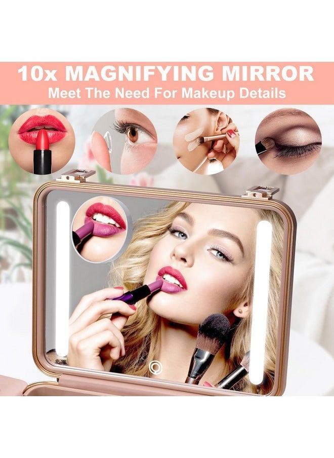 Travel Makeup Case With Lighted Mirror, Makeup Box With 8 Makeup Brushes And 10X Magnifying Mirror, Adjustable Brightness Makeup Train Case With Makeup Brushes Divider(Rose Gold)