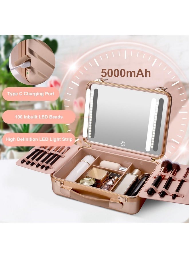 Travel Makeup Case With Lighted Mirror, Makeup Box With 8 Makeup Brushes And 10X Magnifying Mirror, Adjustable Brightness Makeup Train Case With Makeup Brushes Divider(Rose Gold)