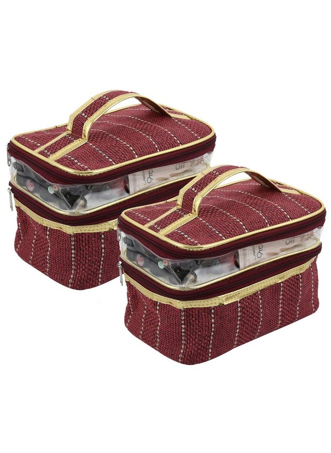 2 Pieces Jute Design Make Up Kit Cum Cosmetic Kit Jewellery Kit Pouches For Travel Accessories (Maroon) Heart2588