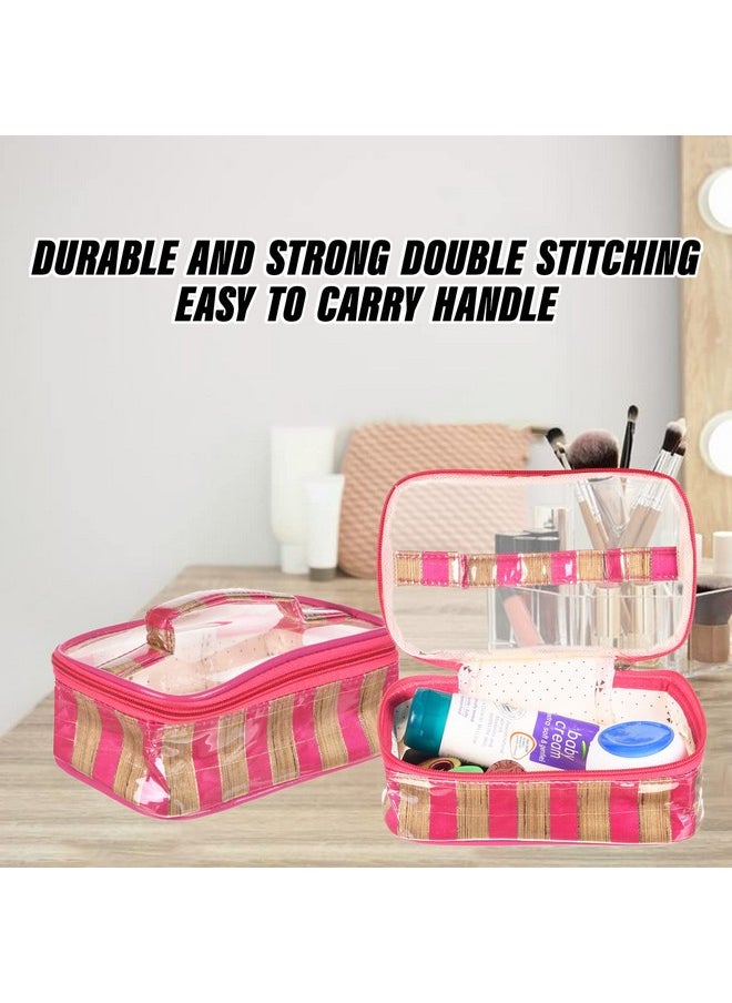 Makeup Kit | Silk Laminated Fabric Cosmatic Bag For Woman | 3 Pcs Travel Toiletry Bag With Handle | Pink