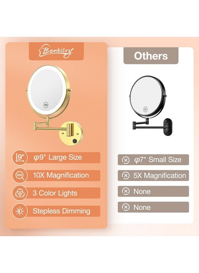 9” Wall Mounted Lighted Makeup Vanity Mirror With 3 Color Dimmable Lights, Super Large 1X/10X Magnifying Double Sided Led Cosmetic Mirror, 360° Swivel Extendable Round Shaving Mirror Gold