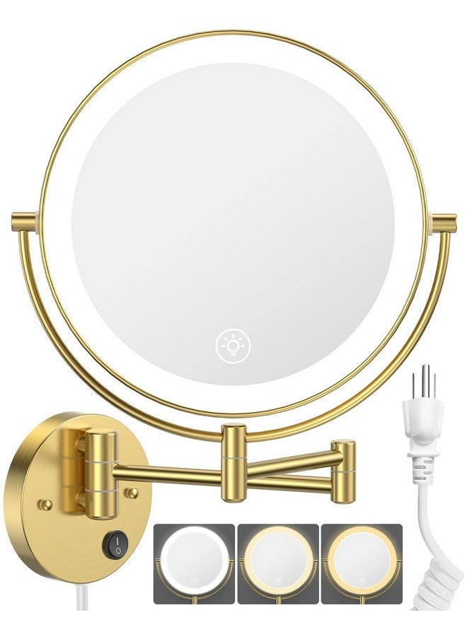 9” Wall Mounted Lighted Makeup Vanity Mirror With 3 Color Dimmable Lights, Super Large 1X/10X Magnifying Double Sided Led Cosmetic Mirror, 360° Swivel Extendable Round Shaving Mirror Gold