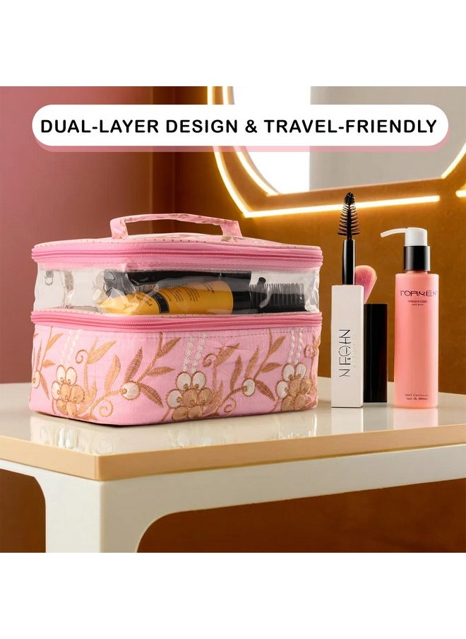 Pack Of 2 Travel Storage Organizer | Dual Layer Cosmetic Bag With Handle | Visible Window Jewellery Kit | Toiletries Storage Bag | Travel Makeup Pouch | Embroidery Design | Pink