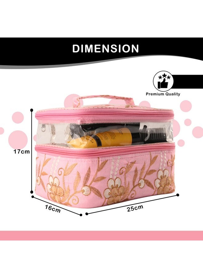 Pack Of 2 Travel Storage Organizer | Dual Layer Cosmetic Bag With Handle | Visible Window Jewellery Kit | Toiletries Storage Bag | Travel Makeup Pouch | Embroidery Design | Pink