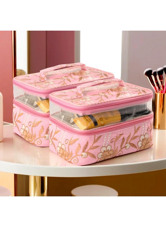 Pack Of 2 Travel Storage Organizer | Dual Layer Cosmetic Bag With Handle | Visible Window Jewellery Kit | Toiletries Storage Bag | Travel Makeup Pouch | Embroidery Design | Pink