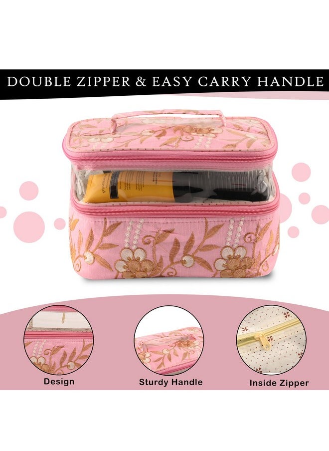 Pack Of 2 Travel Storage Organizer | Dual Layer Cosmetic Bag With Handle | Visible Window Jewellery Kit | Toiletries Storage Bag | Travel Makeup Pouch | Embroidery Design | Pink