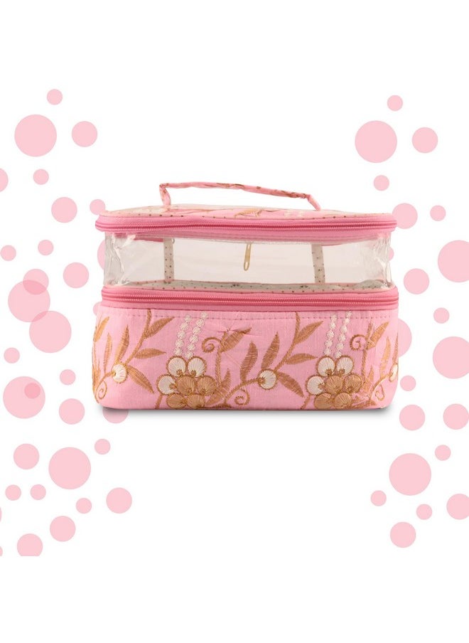 Pack Of 2 Travel Storage Organizer | Dual Layer Cosmetic Bag With Handle | Visible Window Jewellery Kit | Toiletries Storage Bag | Travel Makeup Pouch | Embroidery Design | Pink