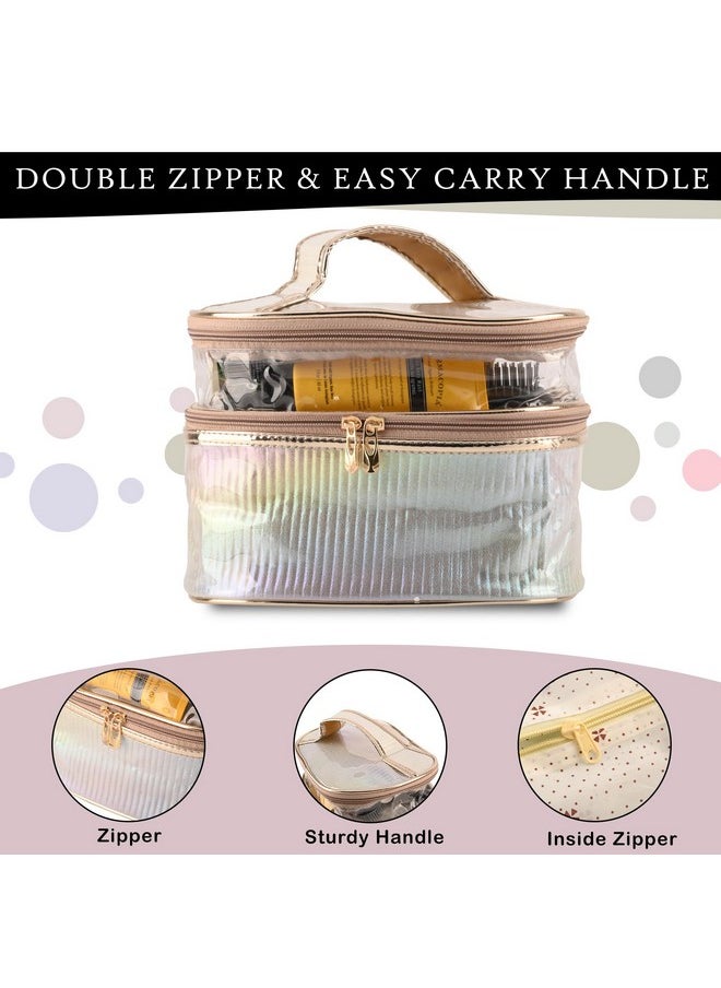 Pack Of 2 Travel Storage Organizer | Dual Layer Cosmetic Bag With Handle | Visible Window Jewellery Kit | Travel Makeup Pouch | Oval Shape Toiletries Bag | Rainbowdesign | Golden