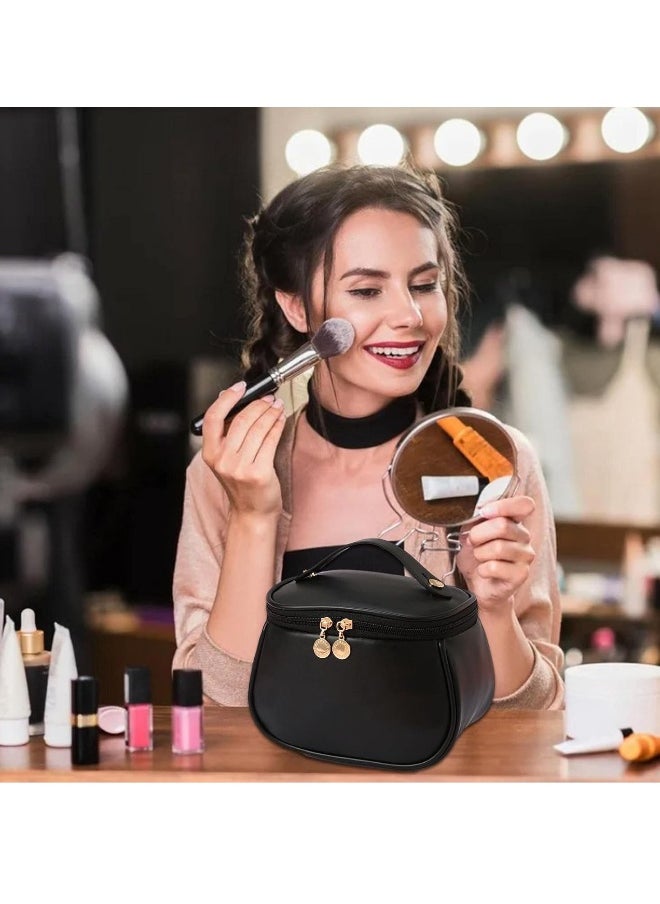 Large-Capacity Travel Cosmetic Bag, Portable Makeup Case Travel Wash Bag, Waterproof Leather Makeup Bag Everyday Use, Multifunction Toiletries Organizer Storage Bag (Black)