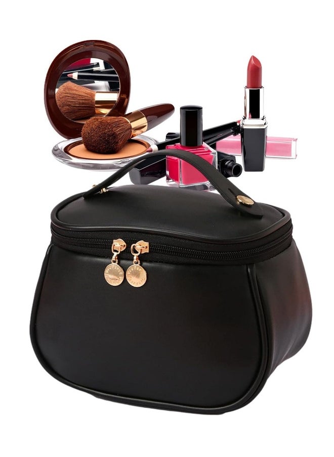 Large-Capacity Travel Cosmetic Bag, Portable Makeup Case Travel Wash Bag, Waterproof Leather Makeup Bag Everyday Use, Multifunction Toiletries Organizer Storage Bag (Black)