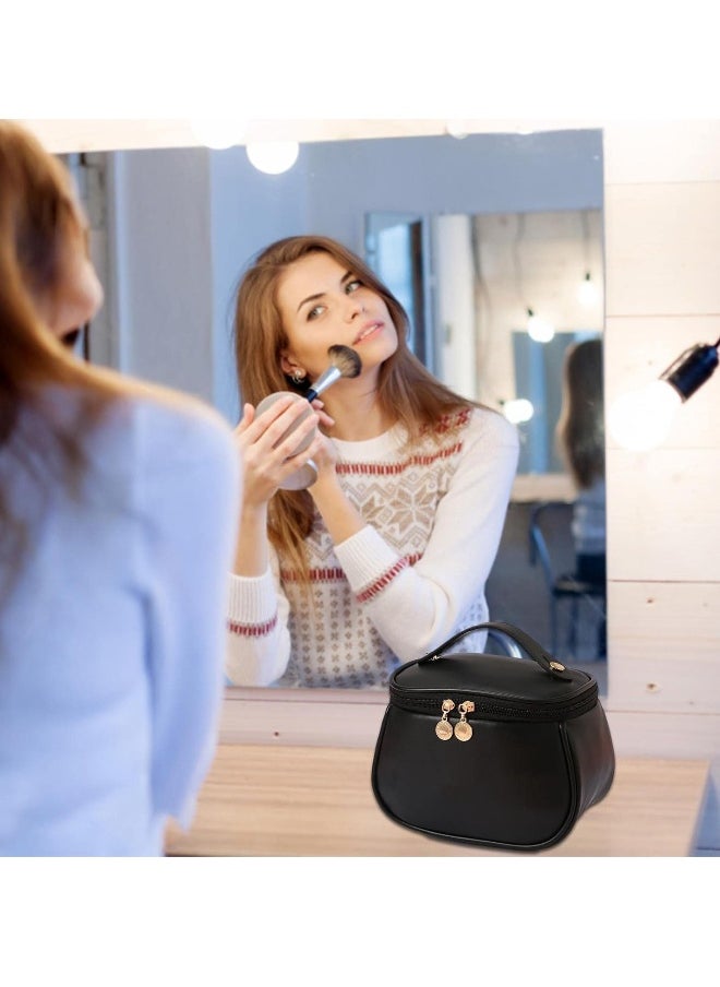 Large-Capacity Travel Cosmetic Bag, Portable Makeup Case Travel Wash Bag, Waterproof Leather Makeup Bag Everyday Use, Multifunction Toiletries Organizer Storage Bag (Black)