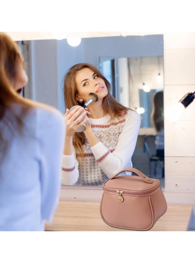 Large-Capacity Travel Cosmetic Bag, Portable Makeup Case Travel Wash Bag, Waterproof Leather Makeup Bag Everyday Use, Multifunction Toiletries Organizer Storage Bag (Pink)