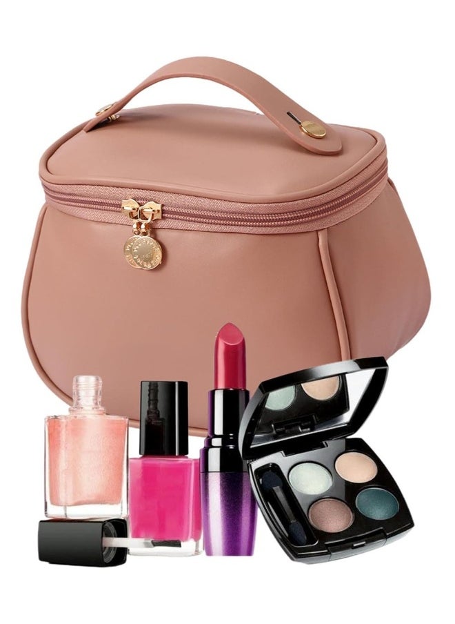 Large-Capacity Travel Cosmetic Bag, Portable Makeup Case Travel Wash Bag, Waterproof Leather Makeup Bag Everyday Use, Multifunction Toiletries Organizer Storage Bag (Pink)