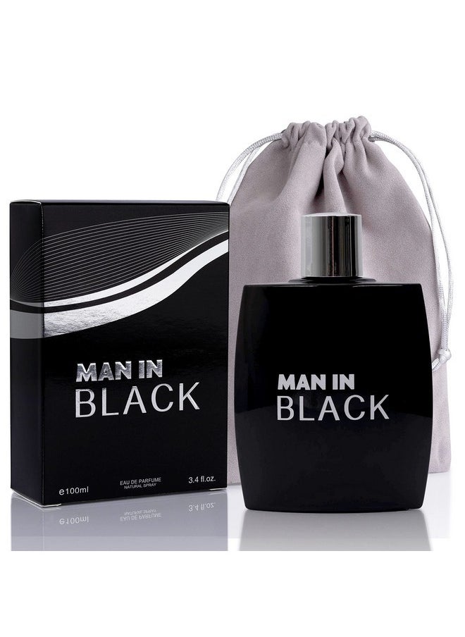 Man In Black For Men - Luxurious Aroma In Each 3.4 Fl Oz Black Glass Bottle - Top Notes Of Bergamot And Pineapple Formulated With Essential Oils - Fantastic Gift Choice - Grey Suede Pouch