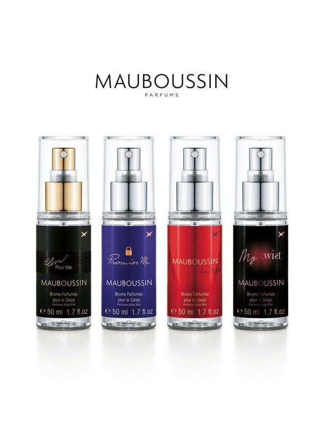- Body Mist Set Premium : Elixir Pour Elle Mist 50Ml (1.7 Fl Oz), Promise Me Mist 50Ml (1.7 Fl Oz), In Red 50Ml (1.7 Fl Oz) & My Twist Mist 50Ml (1.7 Fl Oz)