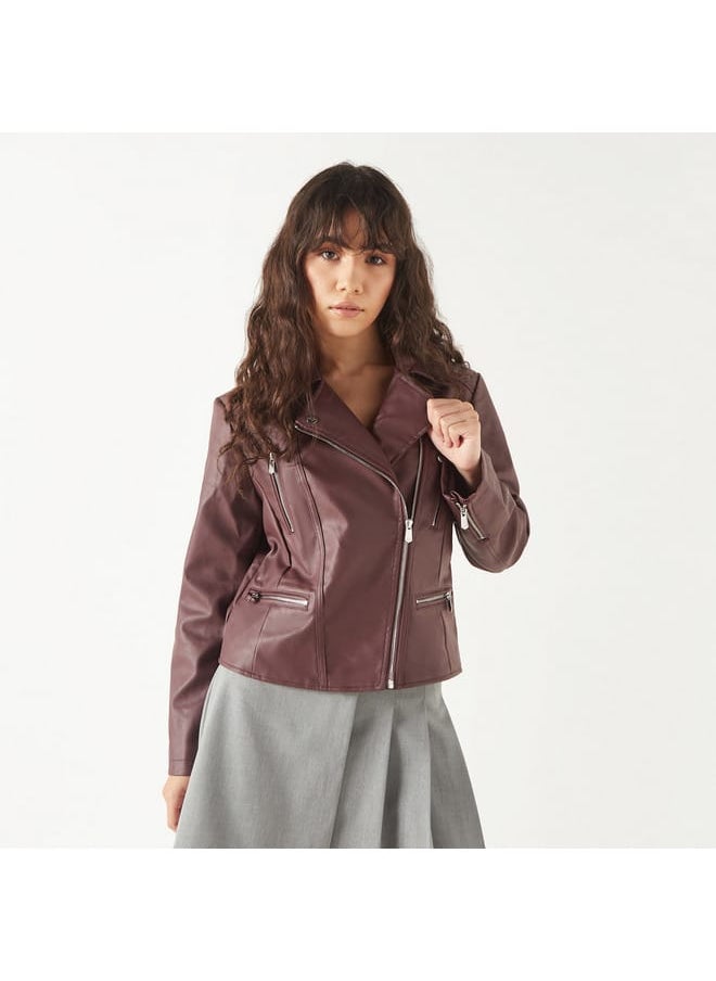 Lee Cooper Solid Biker Jacket with Zip Closure and Pockets