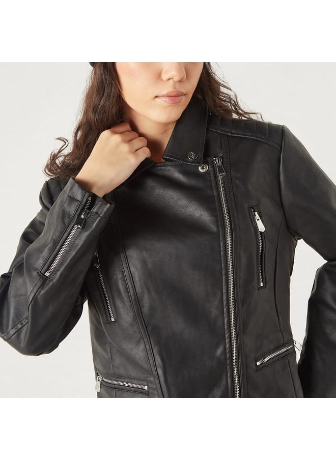 Lee Cooper Solid Biker Jacket with Zip Closure and Pockets