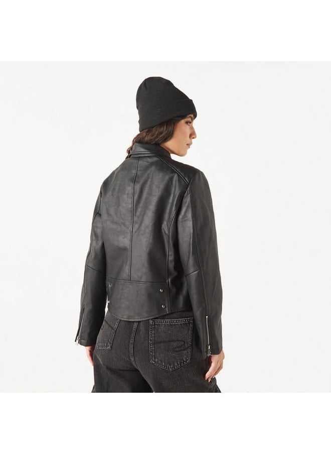 Lee Cooper Solid Biker Jacket with Zip Closure and Pockets