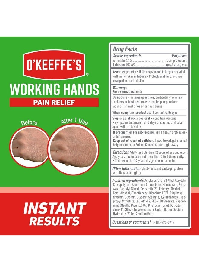 Working Hands Pain Relief Cream Skin Protectant With 4% Lidocaine And Cooling Peppermint Oil For Instant Relief From Pain, Itching, Irritation And Dryness, 3Oz Tube