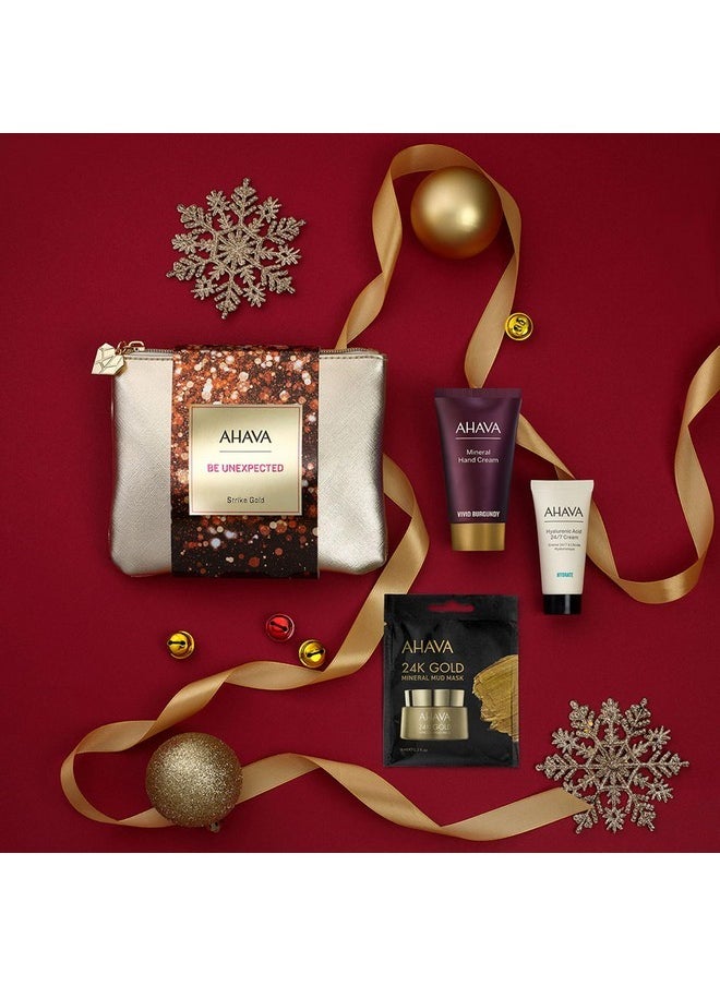Strike Gold Gift Set, Includes Hyaluronic Acid 24/7 Cream 15Ml, Mineral Hand Cream Vivid Burgundy 40Ml, And Single Use 24Kgold Mineral Mud Mask 6Ml