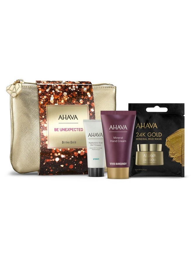 Strike Gold Gift Set, Includes Hyaluronic Acid 24/7 Cream 15Ml, Mineral Hand Cream Vivid Burgundy 40Ml, And Single Use 24Kgold Mineral Mud Mask 6Ml